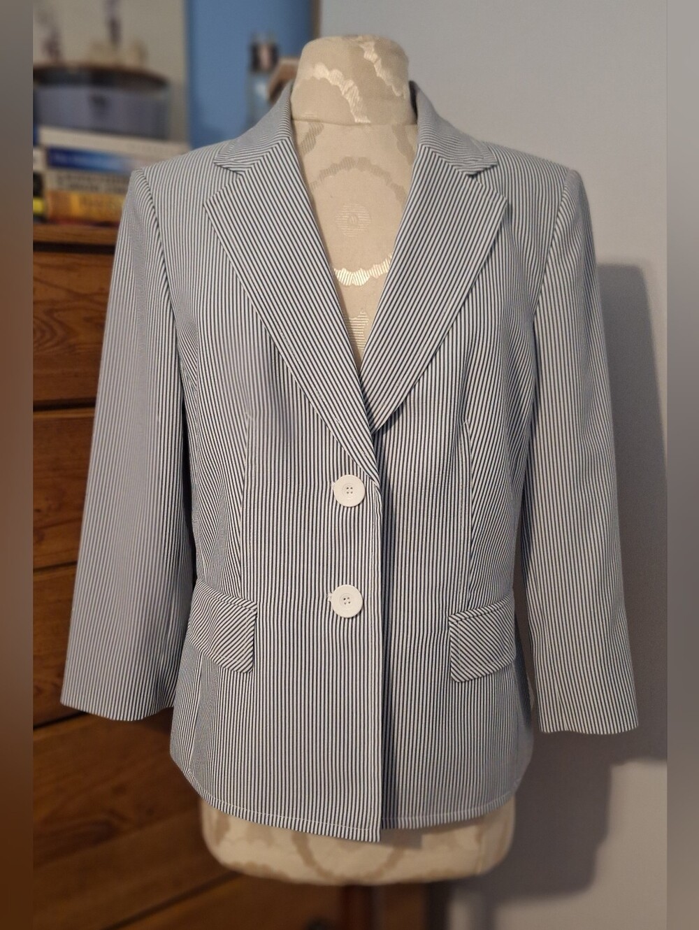 Jones New York Black and Navy Pinstripe Blazer